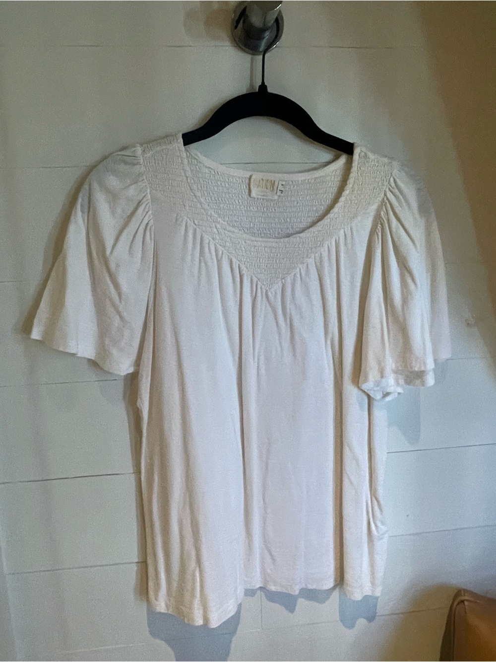 Smocked Yoke Cream Flutter Sleeve Tunic - Women's